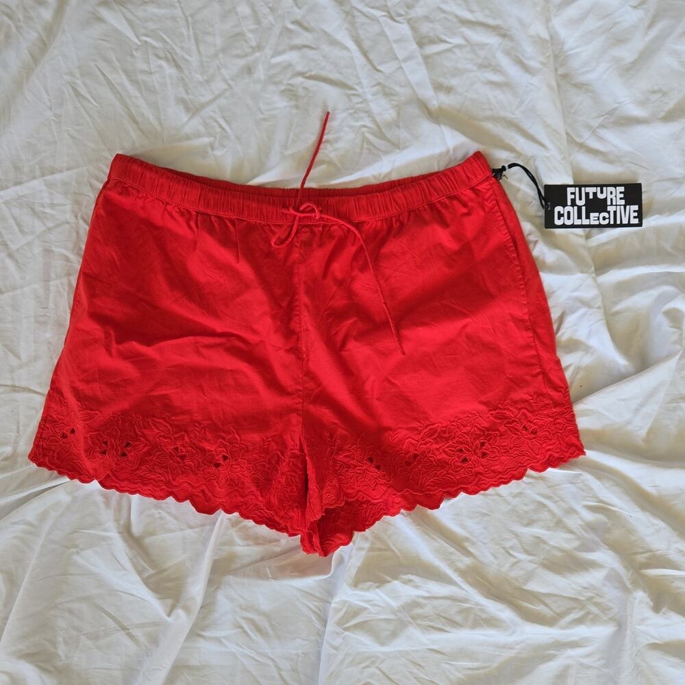 Future Collective Women's Red Eyelet Chino Shorts XL Scalloped Elastic Waist